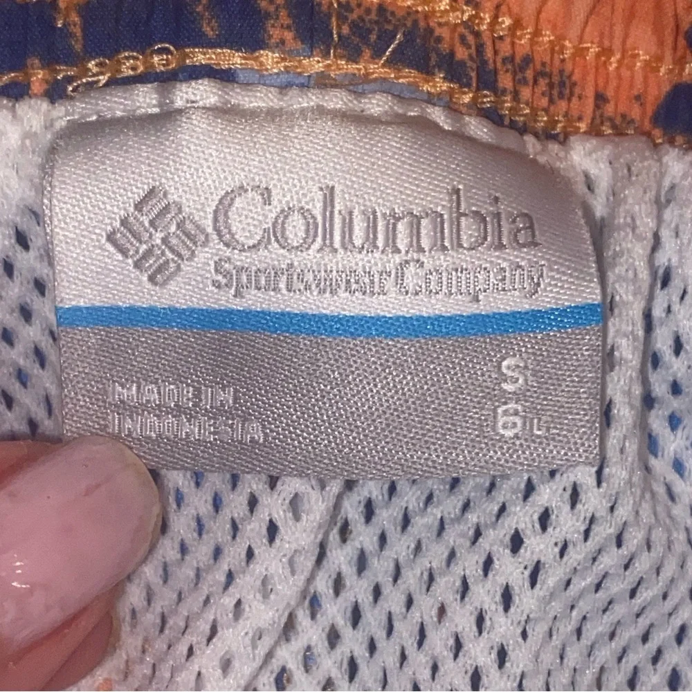 Columbia PFG Swim Trunks Omni-Shade Palm Print Blue Orange | Men’s Small
